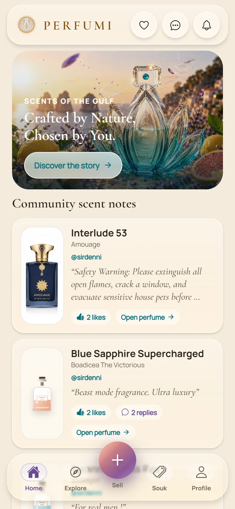 Perfumi home screen with a featured fragrance and community scent notes